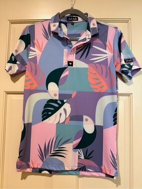 Bad Birdie Tropical Toucan Print Polo in Pink, Purple, Teal